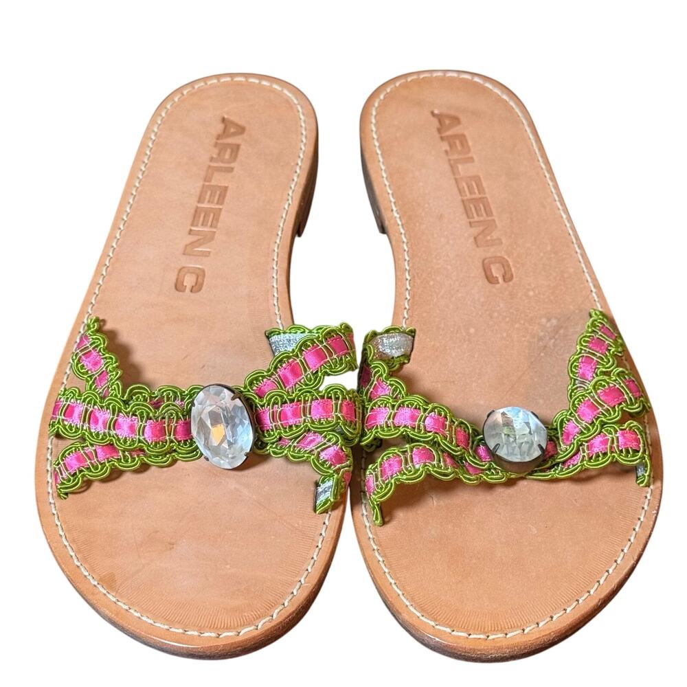 Arleen C Size 7 Pink Green Ribbon and Jeweled Flat Slide Sandals